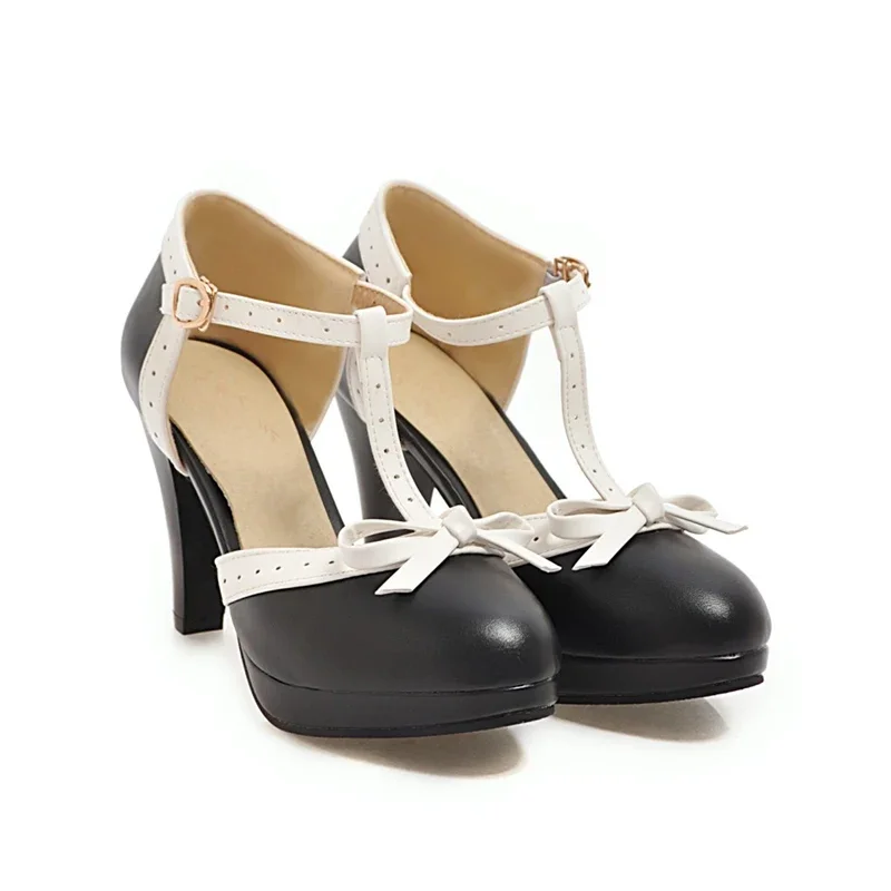 Plus Size 44 High Heel Shoes Round Toe Heel Pumps Women's Platform Pumps with Bow Party Wedding Footwear T Strap women shoes