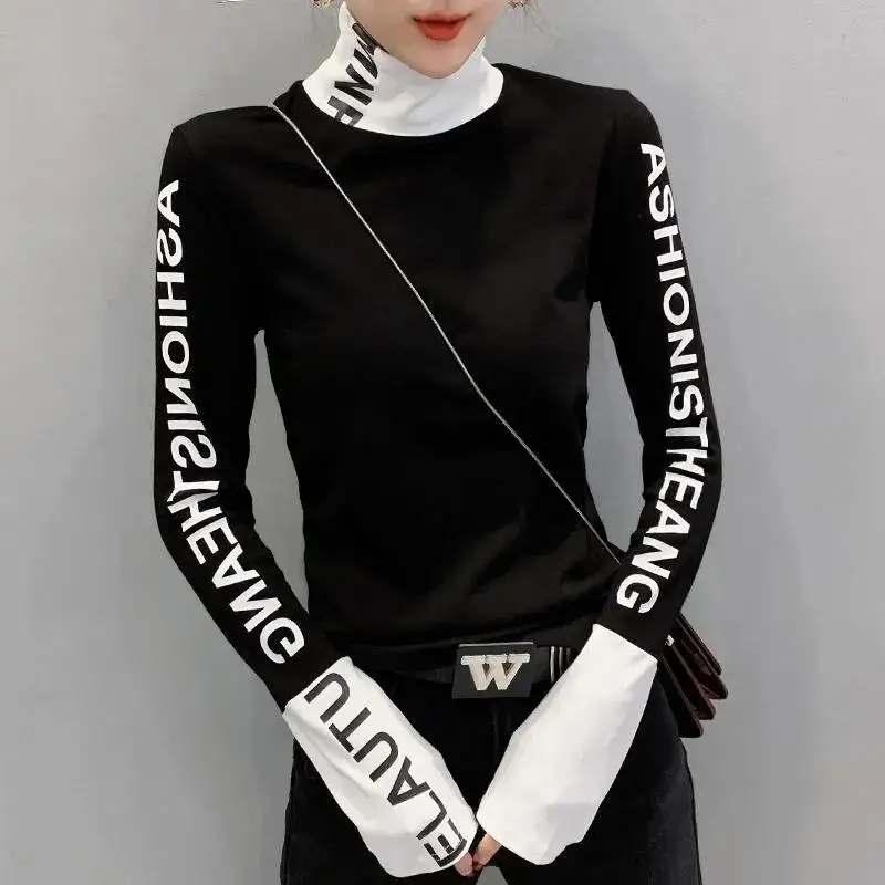 aliexpress.com - Top for Women Long Sleeve Turtleneck Slim T Shirts Female Yellow Skinny Emo Tees Cartoon Clothes Loose Youth Spring Xxl Pulovers