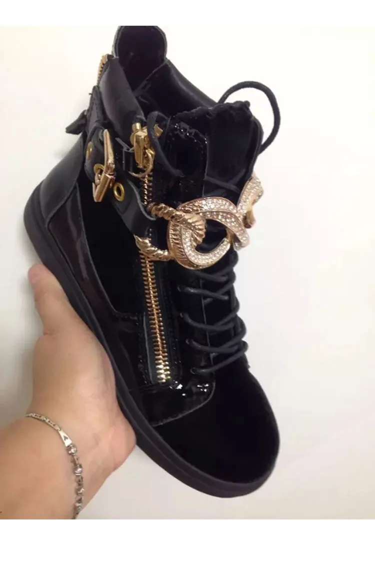 

Crystal Studs Metal Circle Crossed Casual Shoes Double Zipper Flat Lace-up Patchwork Metal Circle Man Shoes Zapatos Casuales