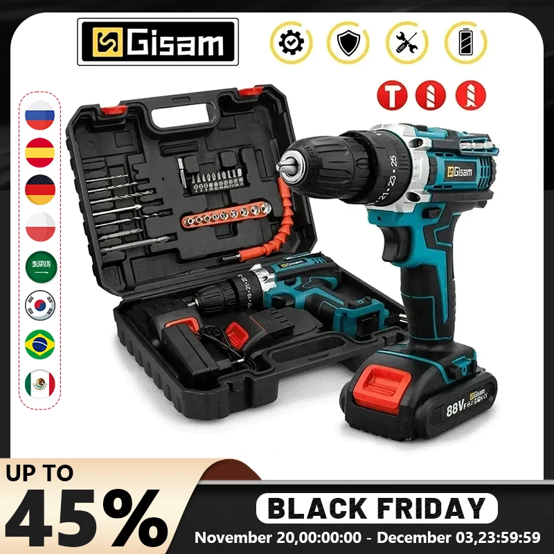 GISAM Battery Impact Screwdriver, multifunctional cordless drill power tool with 25+3 torque settings and 2 gear speeds, electric screwdriver