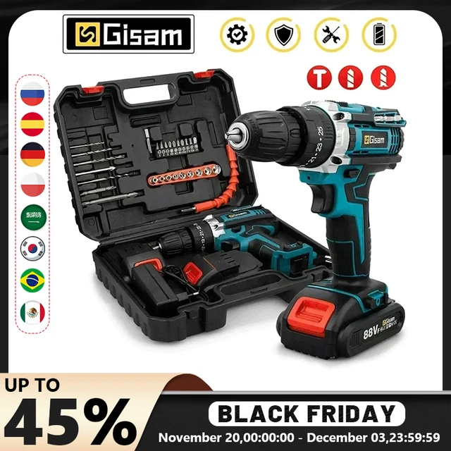 מברגת חשמלית מולטיפונקציונלית Gisam Battery Impact Screwdriver עם מקדחה אלחוטית וכלי עוצמה 25+3 הגדרת כוח ו-2 הילוכים 1