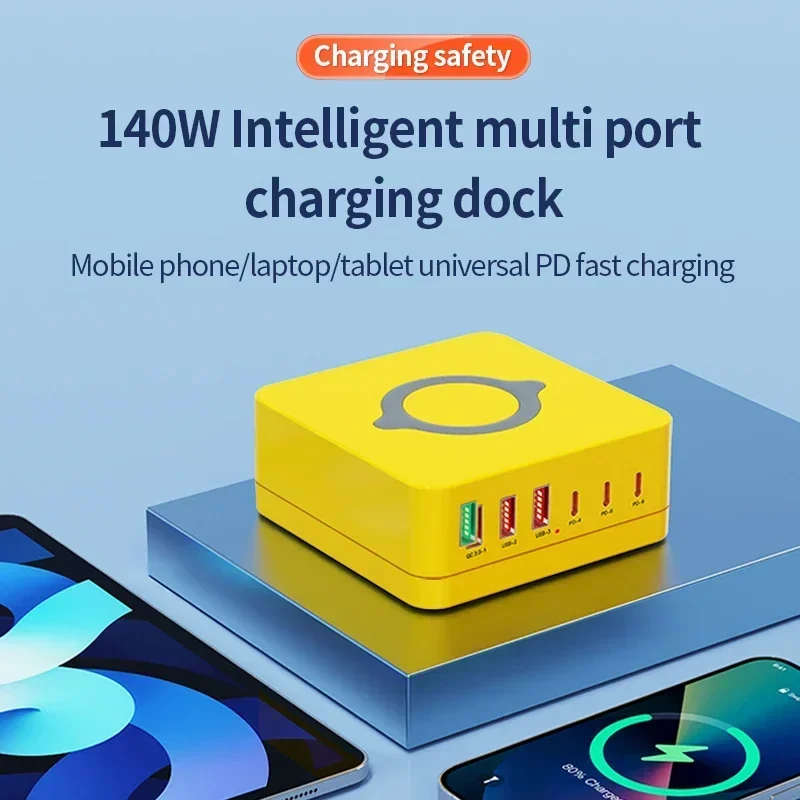 140W 6 Ports USB Phone Charger Station Fast Wireless Charging Stand QC PD3.0 65W Quick Charge for Laptop Tablet iPhone Samsung Xiaomi