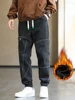 Thicken Men's Cargo Jeans Warm Fleece Fashion Large Pockets Bound Feet Sweatpants Male Drawstring Korean Plush Denim Trousers 2
