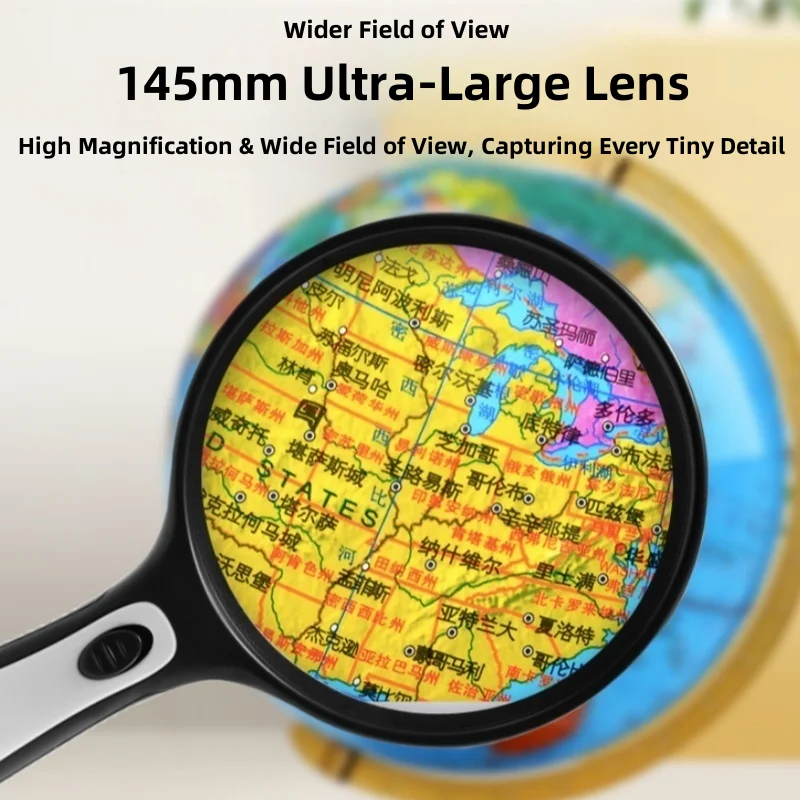 휴대용 돋보기 145mm LED 조명이 있는 초대형 HD 돋보기 독서용 돋보기 보석 돋보기
