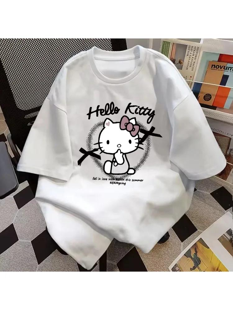2026 여름 100% 코튼 산리오 헬로 키티 프린트 캐주얼 루즈 티셔츠 부모-자식..