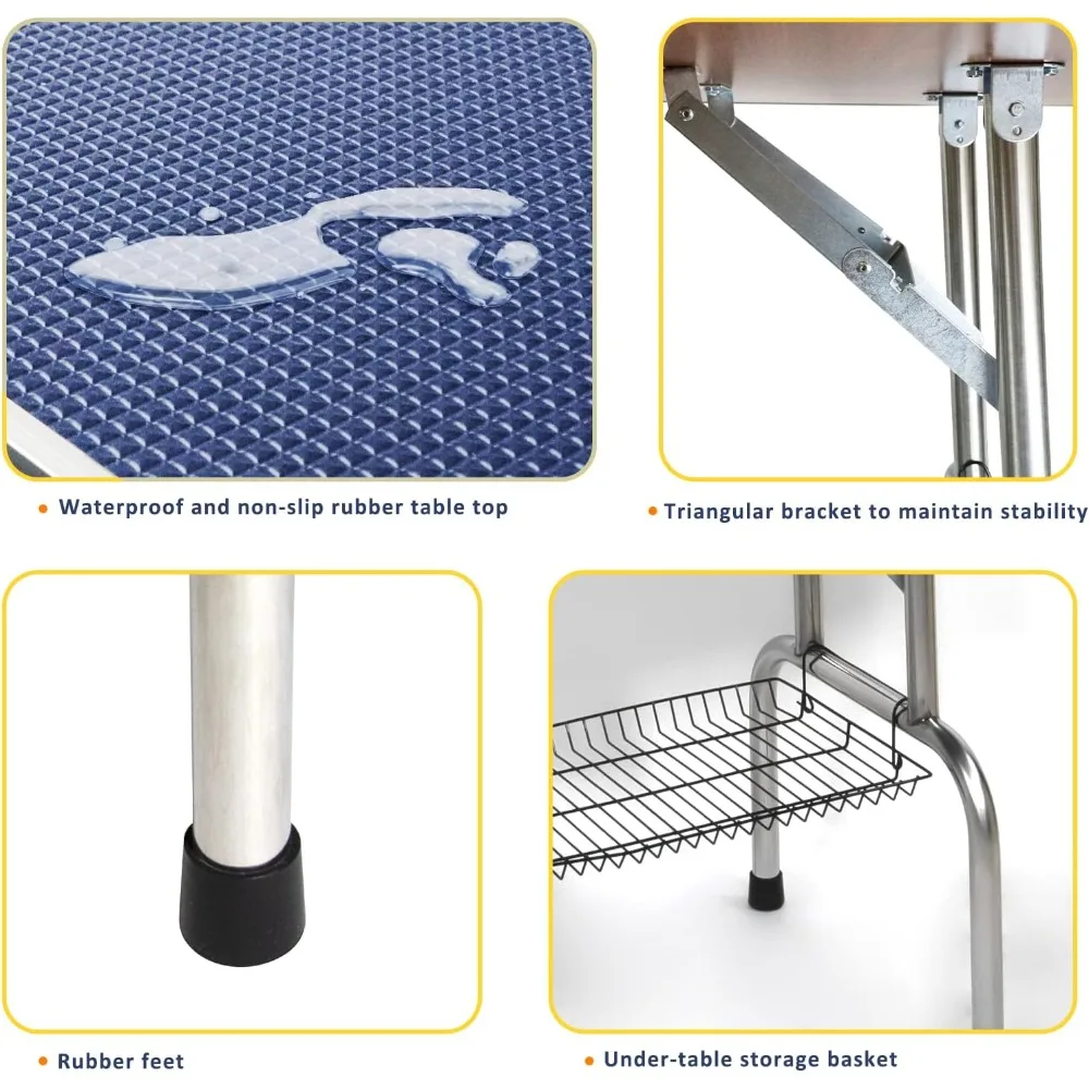Folding 46-inch Pet Grooming Table with Adjustable Height Arm, Noose, and Mesh Tray for Home Bathing Station