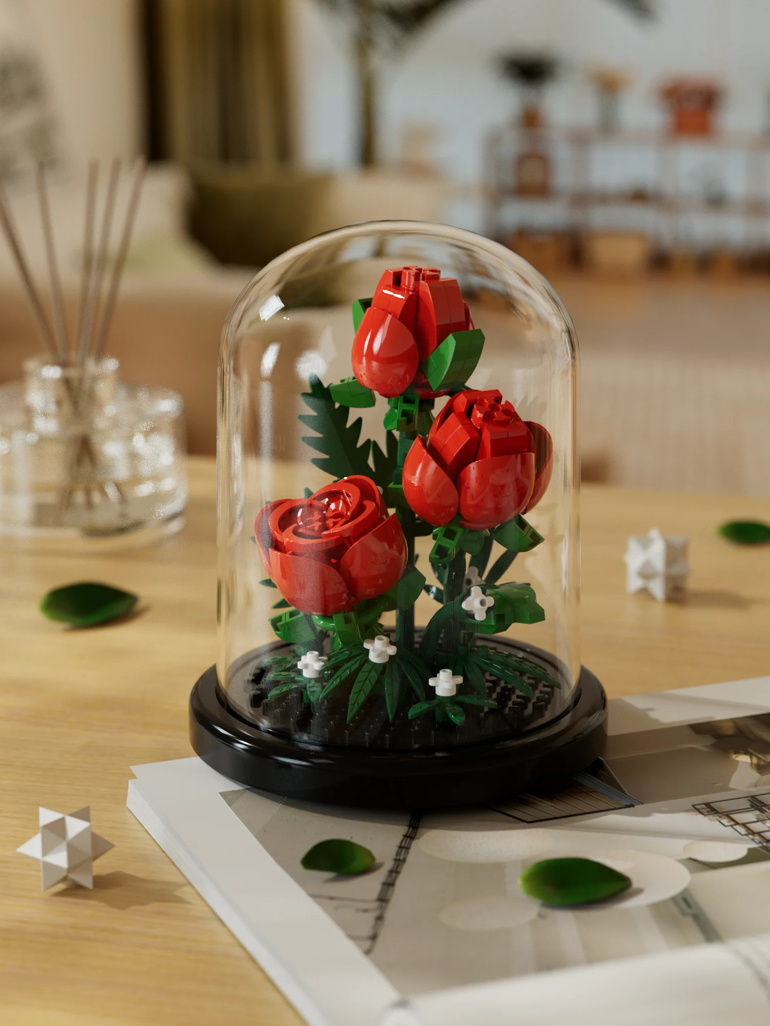 Rose éternelle En Blocs De Construction - Rouge, Avec Globe Acrylique - Décoration Romantique, Inspirée Du Petit Prince - Cadeau Saint-Valentin, Noël