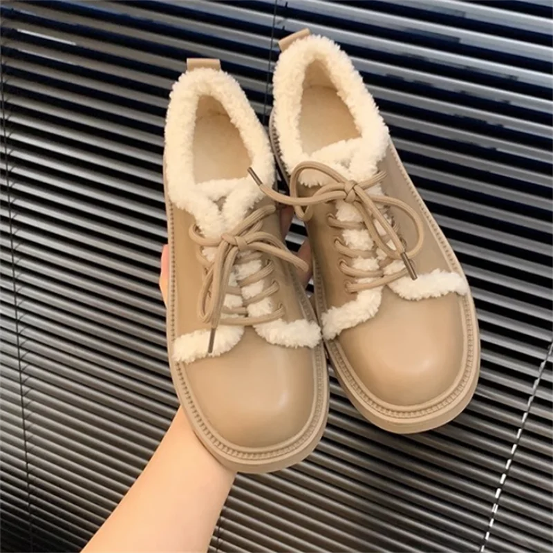 

Autumn Winter New Round Toe Lace up Thick Heels With Velvet Shallow Mouth Casual Platform Oxford Female Sneakers Ladies Footwear