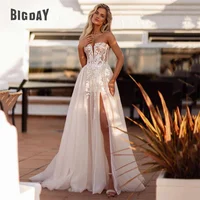 Elegant A-Line Wedding Dress Women  Lace Sweetheart Tulle Open Back Slit Strapless Bridal Gown Sweep Vestido De Noiva Customized 1