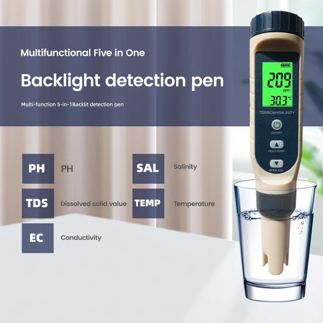 Stylo Testeur Numérique 5 en 1 TDS/EC/PH/SALT/TEMP, Moniteur de Qualité de  l'Eau Portable pour l'annulation, Aquariums d'Eau Potable