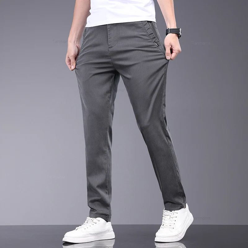 Summer Ultra-thin Men's Lyocell Casual Pants Breathable Soft Ice Silk Elastic Straight Business Trousers Black Gray casual pants