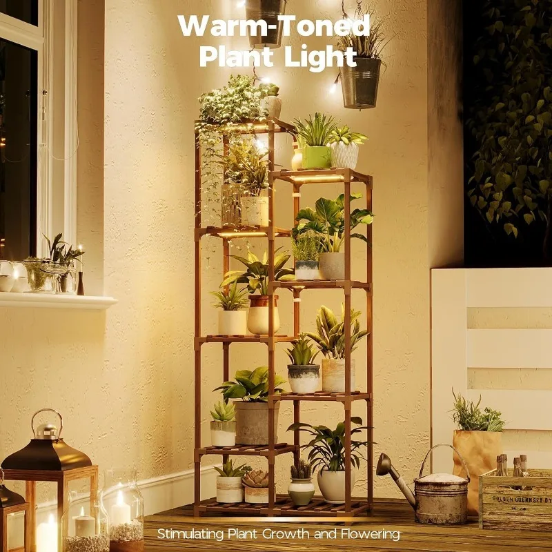 Plant Stand Indoor Grow Light Tall Plant Shelf for Mutiple Pots Large Wood Holder Rack for Patio Living Room Balcony Warm