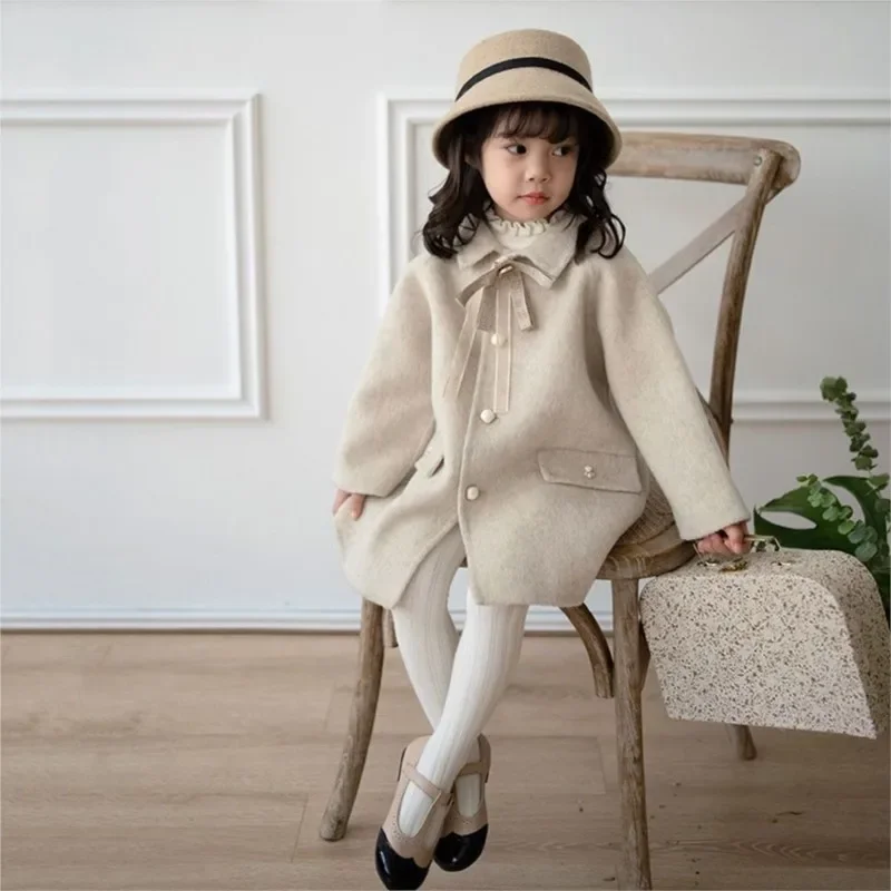 Baby Girl Woolen Bow Tie Jacket Long Pearl Button Warm Infant Toddle Lapel Coat Spring Autumn Winter Baby Outwear Clothes 1-10Y