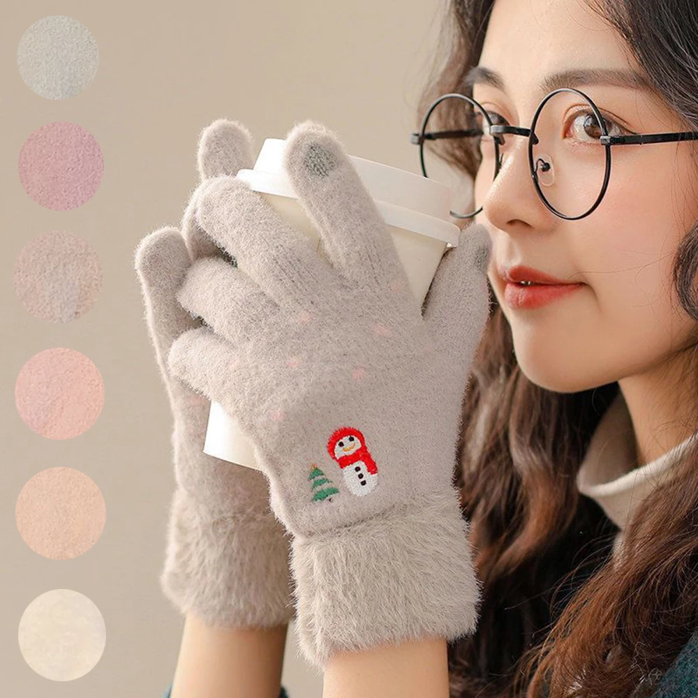 

Winter Women Warm Gloves Snowman Embroidery Crochet Woollen Glove Touch Screen Soft Furry Full Fingers Mittens Christmas Gifts