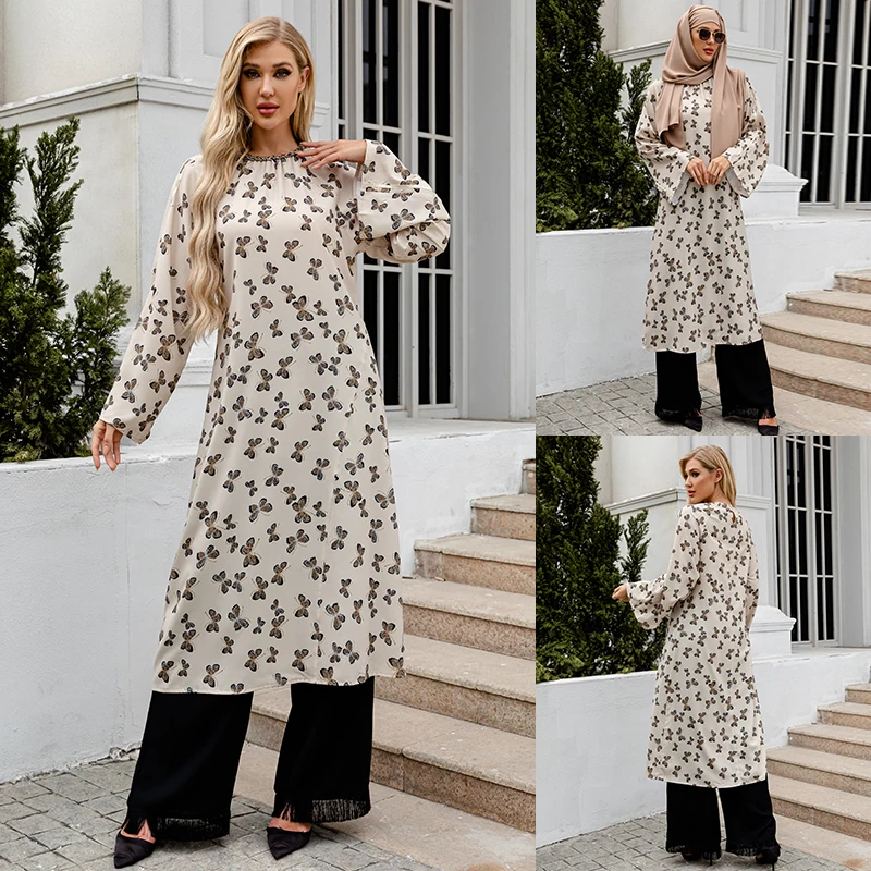 Hijab Muslim Dress Women Floral Print Trumpet Sleeve Modest Dress African Dresses For Women Abaya Dubai Femme Musulmane Ramadan