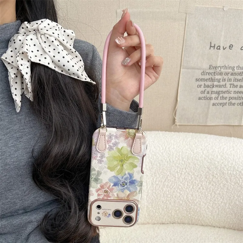 Korean Style Flower Phone Case with Wrist Strap – Shockproof Retro Floral Protective Cover