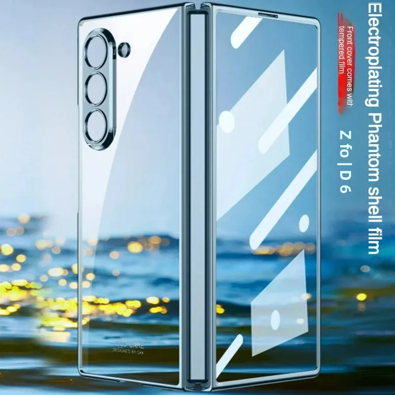Ultra Thin Electroplating Transparent Case with Tempered Film and Shockproof Hard Back Cover