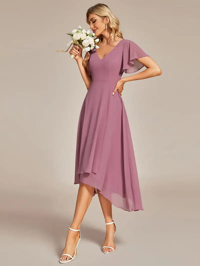 Elegante Abendkleider V-Ausschnitt hohe niedrige Rüschen versteckter Reiß verschluss Mitte der Wade immer hübsch aus Chiffon Orchidee Brautjungfer kleider