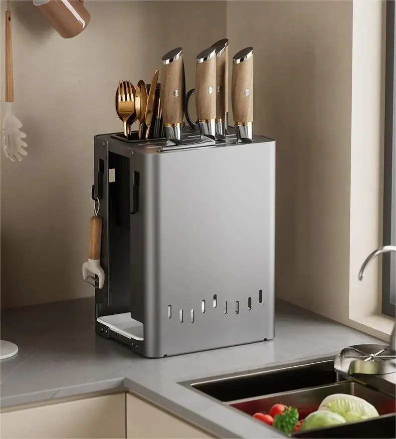 

Multifunctional Kitchen Knife Rack Household Countertop Wall-Mounted Dual-Use Knife Draining Ventilated Metal Compartment Shelf