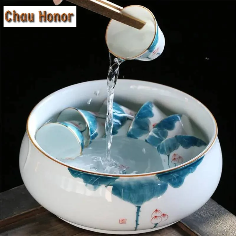 1800ML Hand Painted Lotus Ceramic Tea Wash Bowls Chinese Kung Fu Tea Accessories Retro Tea Bowl Teaware for Pu'er Oolong Storage