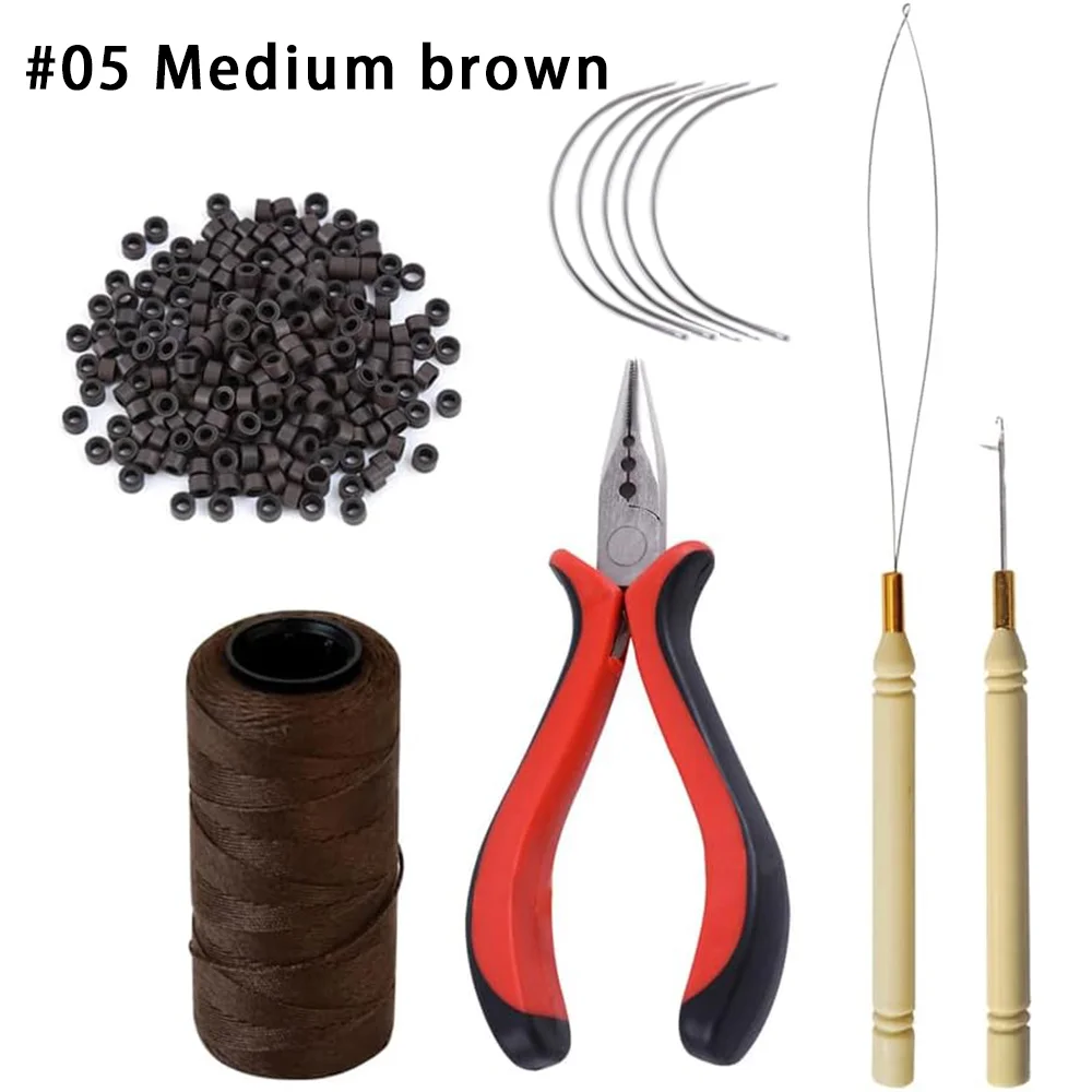Hair Extensions Tool Kit: 1 three hole hair clipper, 1 roll sewing thread, 1 crochet hook, 5 sewing needles, 1 bead machine, 250