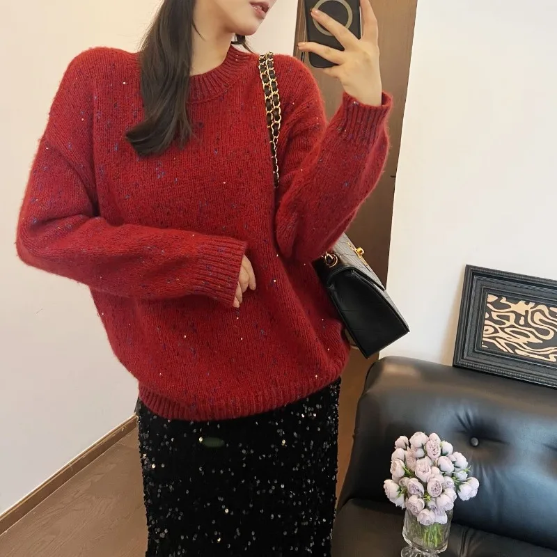 

Loose Rabbit Velvet Yarn Sequin Mixed Wool Round Neck Sweater Knitwear for Women