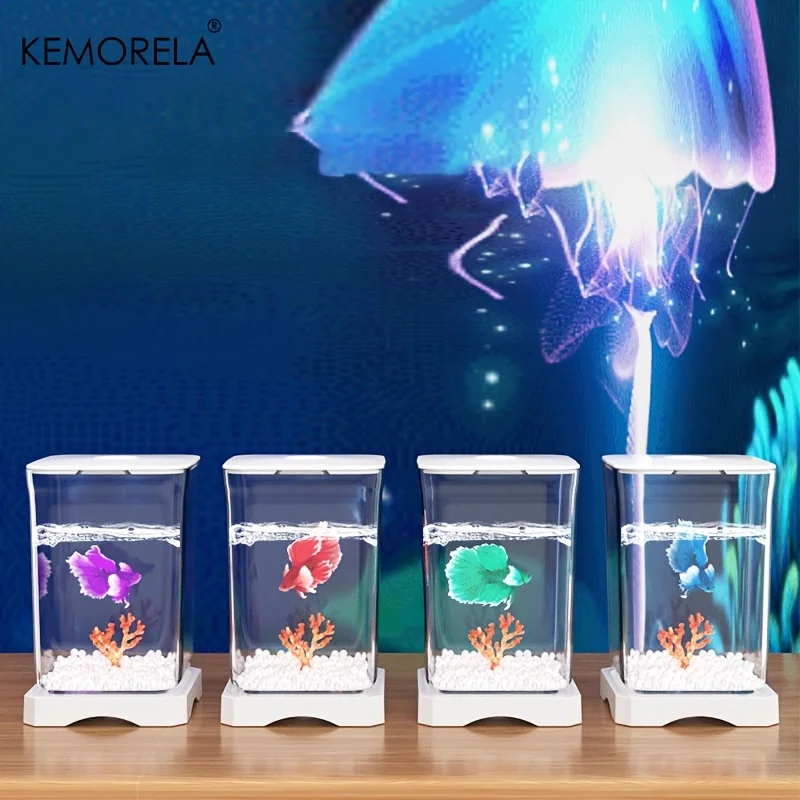 Fish Aquarium KEMORELA Acrylic Betta Fish Tank High Transparency Feeding Hole Desktop Fish Bowl Removable Small Landscape Tank