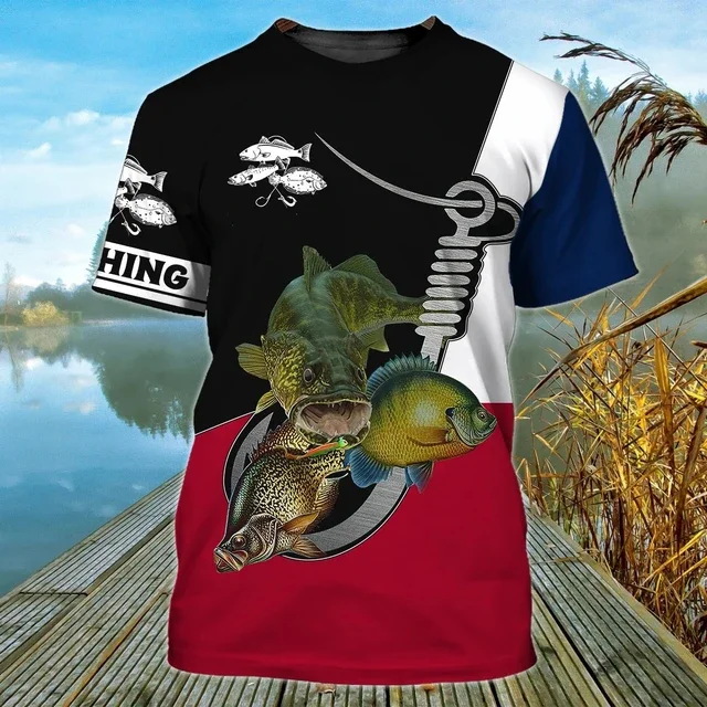 thumbnail image 1 of Camiseta cómoda informal para hombre, camiseta deportiva ajustada con estampado de elementos de pesca en el bosque, transpirable, de manga corta, a la moda, 1 of 5