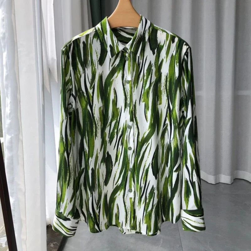 

2023 Spring and Summer New Green Watercolor Printing Sandwashed Women 100% Silk Shirt