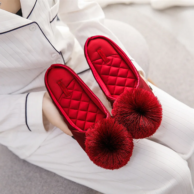 Women Satin Home Slippers With Plush Ball Cat Non-Slip Soft Warm House Indoor Bedroom Girl Memory Foam Floor Shoes — view 5