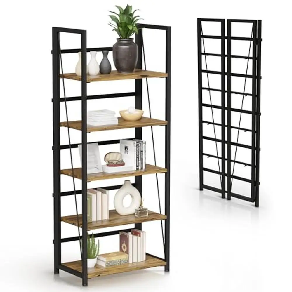 5 Tier Wood Foldable Bookshelf Organizer Bedroom Living Room Office Rustic Metal Frame Wooden Shelves Book Case Open Display