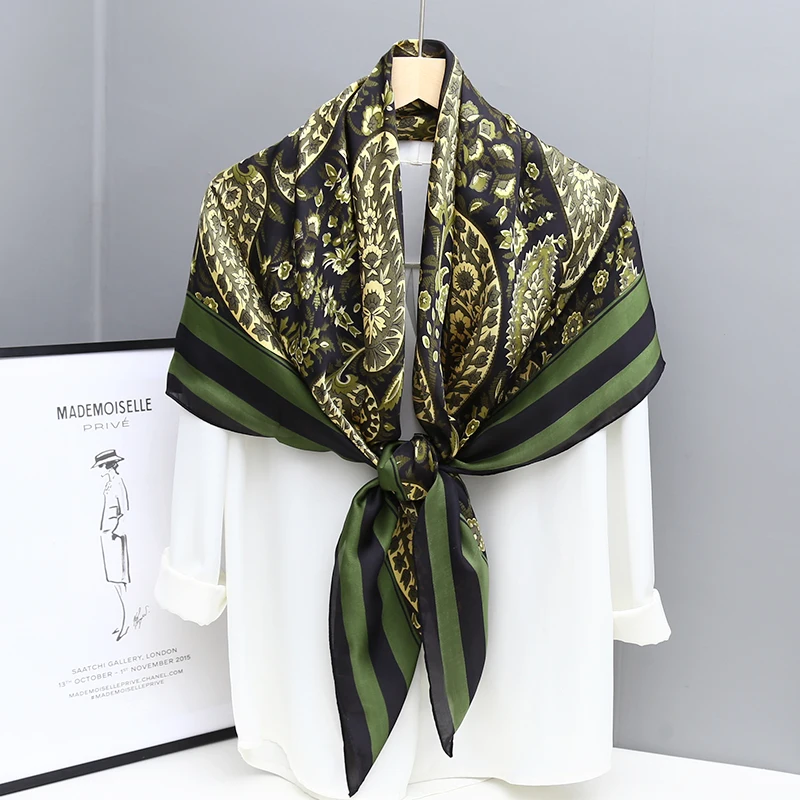 

Green Colour Fashion Multi Function 110cm Square Shawl Imitated Silk Paisley Floral Printed Muslim Hijab Scarf Foulard