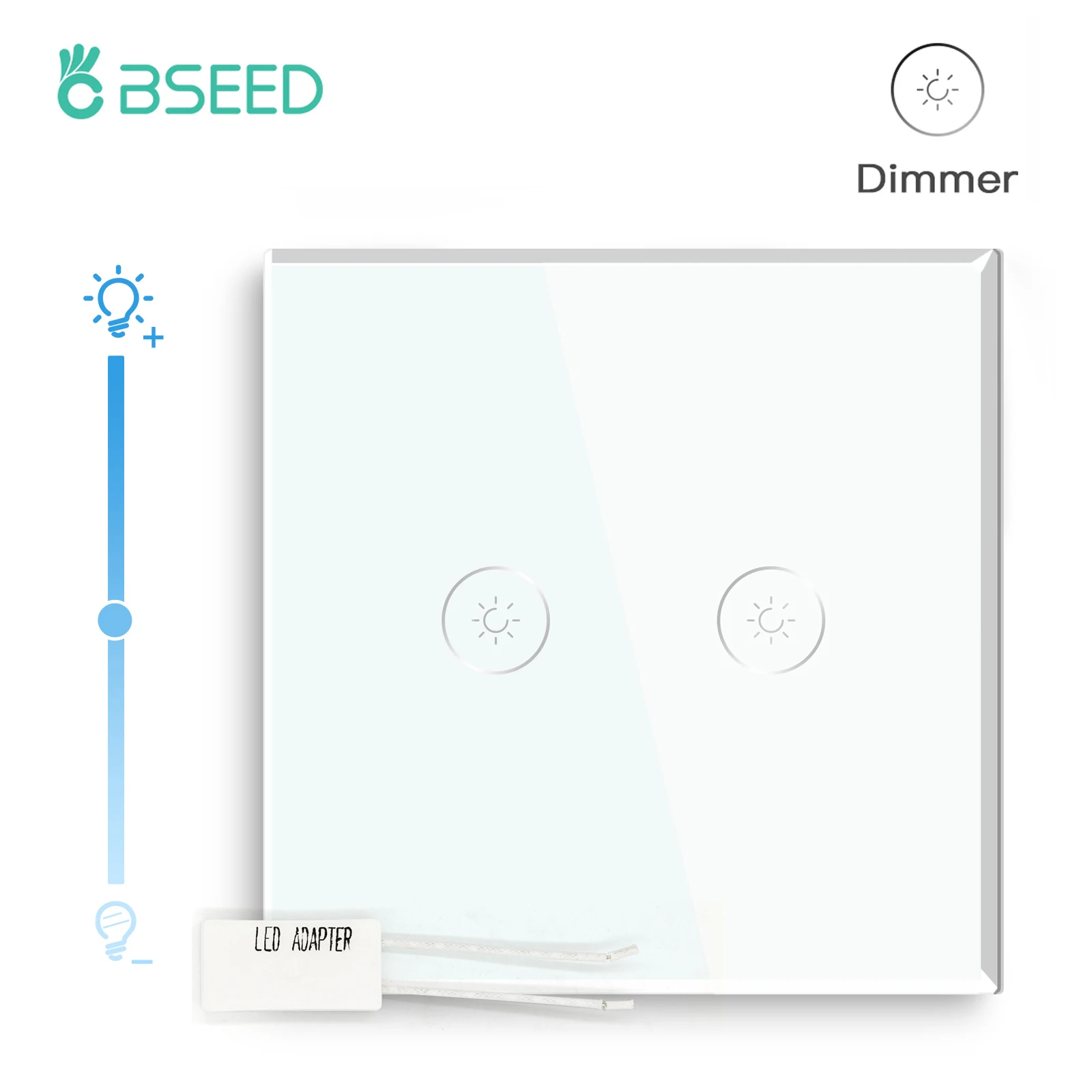 Bseed-touch Dimmer Switch 2gang 1way Led Regulável Luz de Parede Painel Cristal Retroiluminação Azul Função de Memória