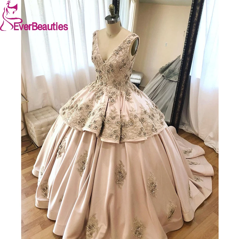 

Quinceanera Dresses Ball Gown Handmade Flower Prom Satin V-Neck Appliqued Robes De Bal Vestido De 15 Años 2022 Party Dress