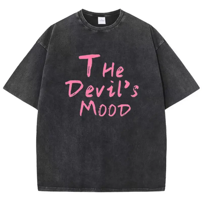 Fashion Womans Cotton Washed T-shirts The Devil's Moon Letter Prints Tops Casual O-Neck Oversize Tees Street Female Clothes 2