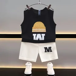 2024 New Summer Kids Sports Clothes Sets Boys Girls Cartoon Letter Print Sleeveless Tank Tops + Shorts Baby Casual Clothing