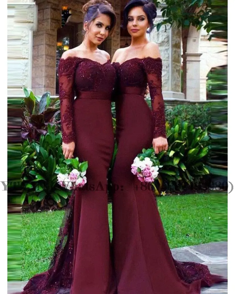 

Burgundy Mermaid Lace Evening Bridesmaid Dresses for Black Girls Off the Shoulder Vestido De Fiesta De Boda