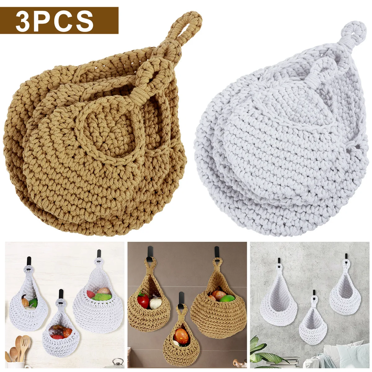 

3Pcs Hanging Fruit Baskets Breathable Vegetable Wall Baskets 3 Sizes Woven Cotton Rope Hanging Baskets Space Saving Hanging