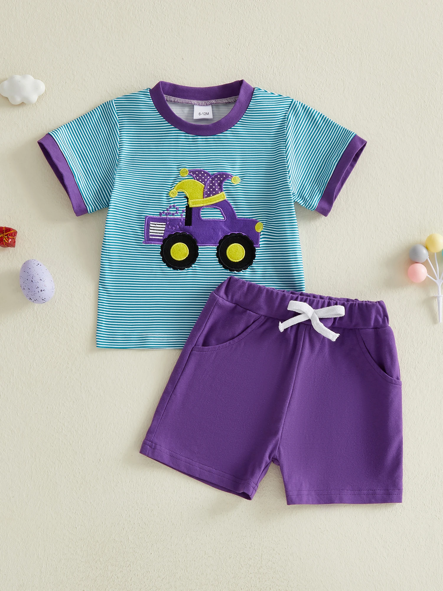 Boys Summer 2 Piece Set Short Sleeve Round Neck Dinosaur Print Striped Tops and Shorts Outfit for Carnival Fun