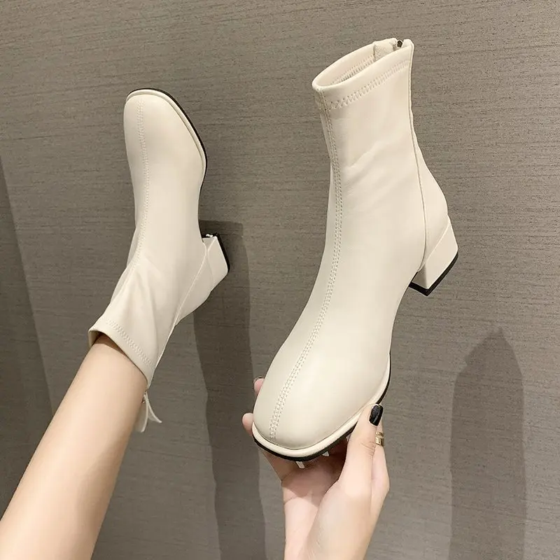 Elastic Socks Boots Fashion Ankle Boots Women High Heel Thicks  Heel Square Toe Short Boots Women Retro 2024 New Ladies Shoes
