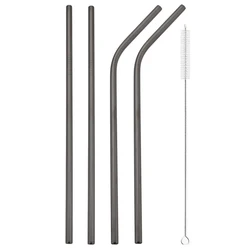 Eco-Friendly Reusable Silver Straw Set with Cleaning Brush, Stainless Steel Bent & Straight Straws (4pcs black)