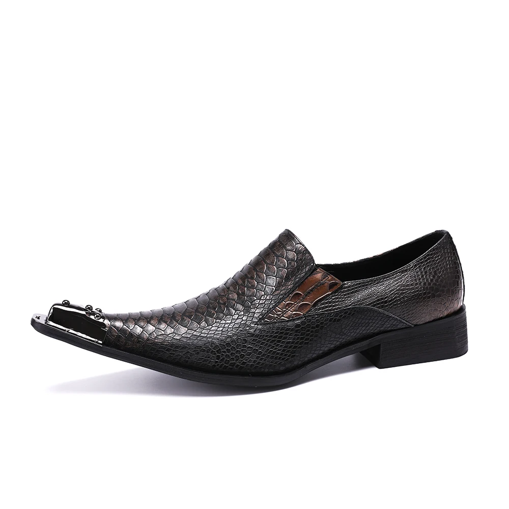 Christia Bella Italian Style Gentleman Dress Shoes Metal Pointed Toe Men Snake Grain Genuine Leather Shoes Business Men