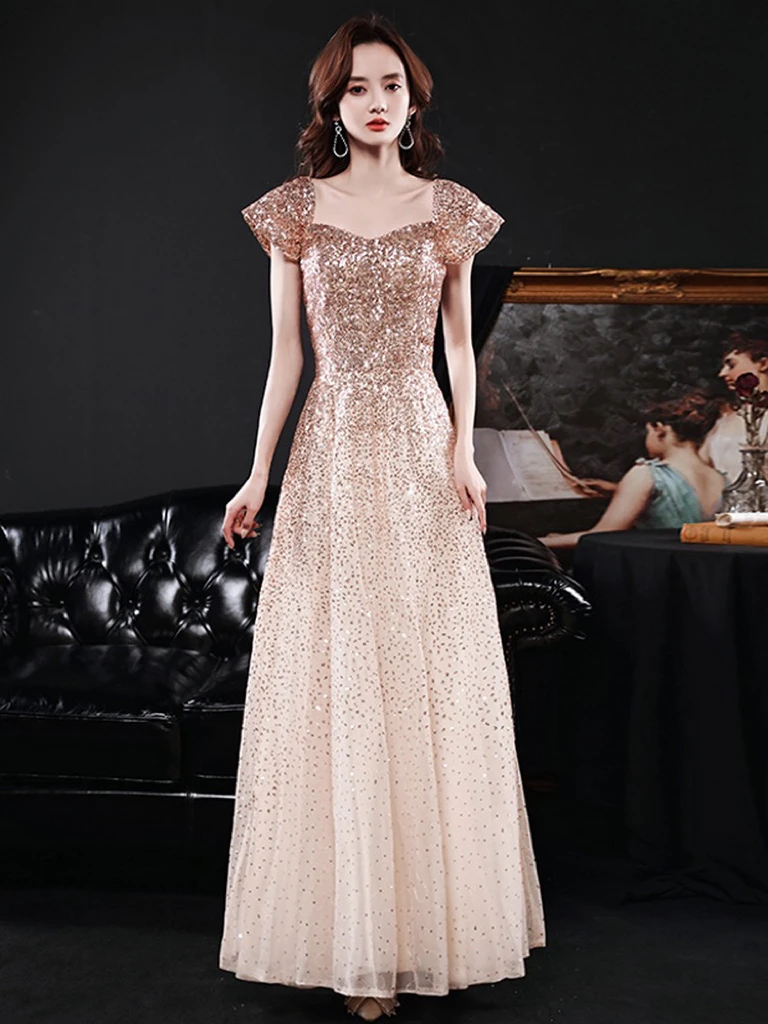 

Champagne Gold Bridesmaid Dresses Cap Sleeve Seqined A Line Sequined Square Collar Wedding Ceremony Formal Party Evening Gowns