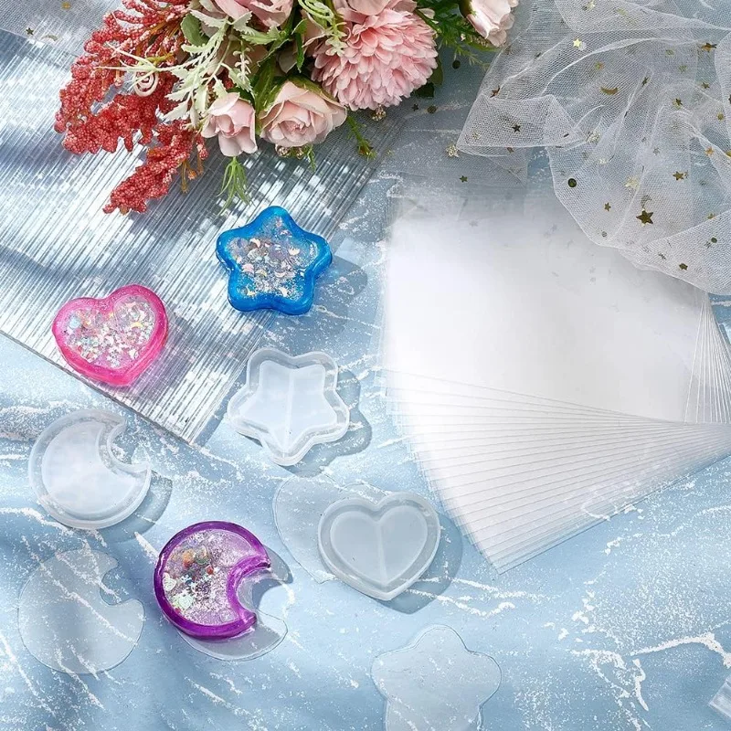 50 Sheets Thin Resin Shaker Film with 3Pcs Silicone Shaker Molds Plastic Sealing Protective Films Quicksand Mold & Films