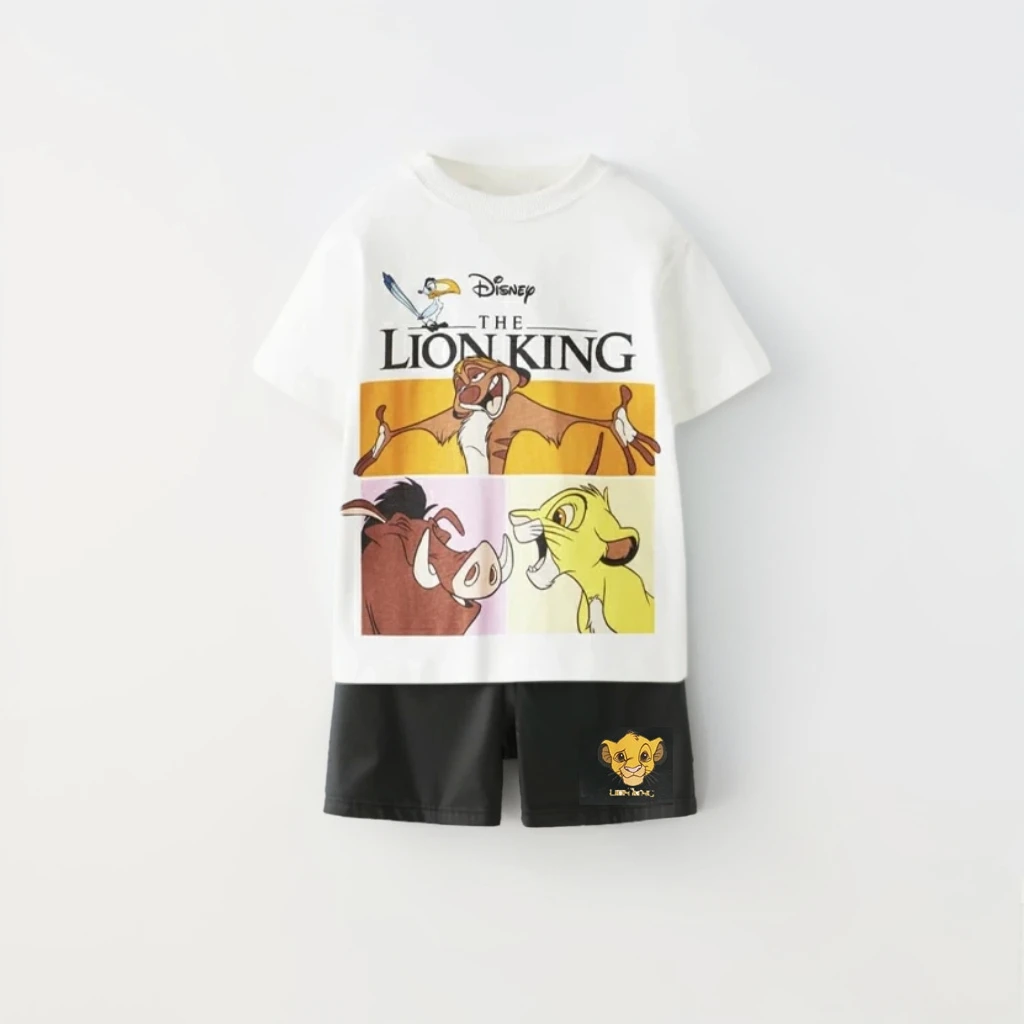 Disney Lion King Simba Print Boys' Clothing Short Sleeved Sportswear Summer T-shirt+tight Shorts Two-piece Set Children's Cloths 2