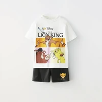 Disney Lion King Simba Print Boys' Clothing Short Sleeved Sportswear Summer T-shirt+tight Shorts Two-piece Set Children's Cloths 2