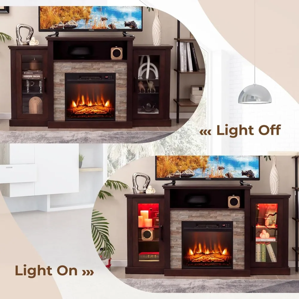 Electric Fireplace TV Stand for 65in+ Tv, 19‘’ Fireplace with Mantel, Entertainment Center with 16 Color LED Lights, TV Console 2