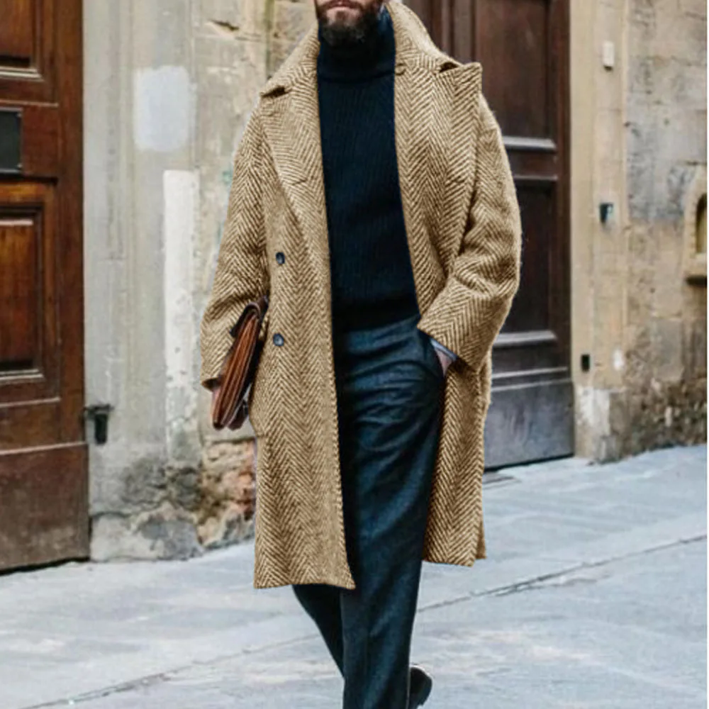 Men's Herringbone Coat Mid-length Double-breasted Coat French Style Street Casual Charm Men's Single Customizable Clothing