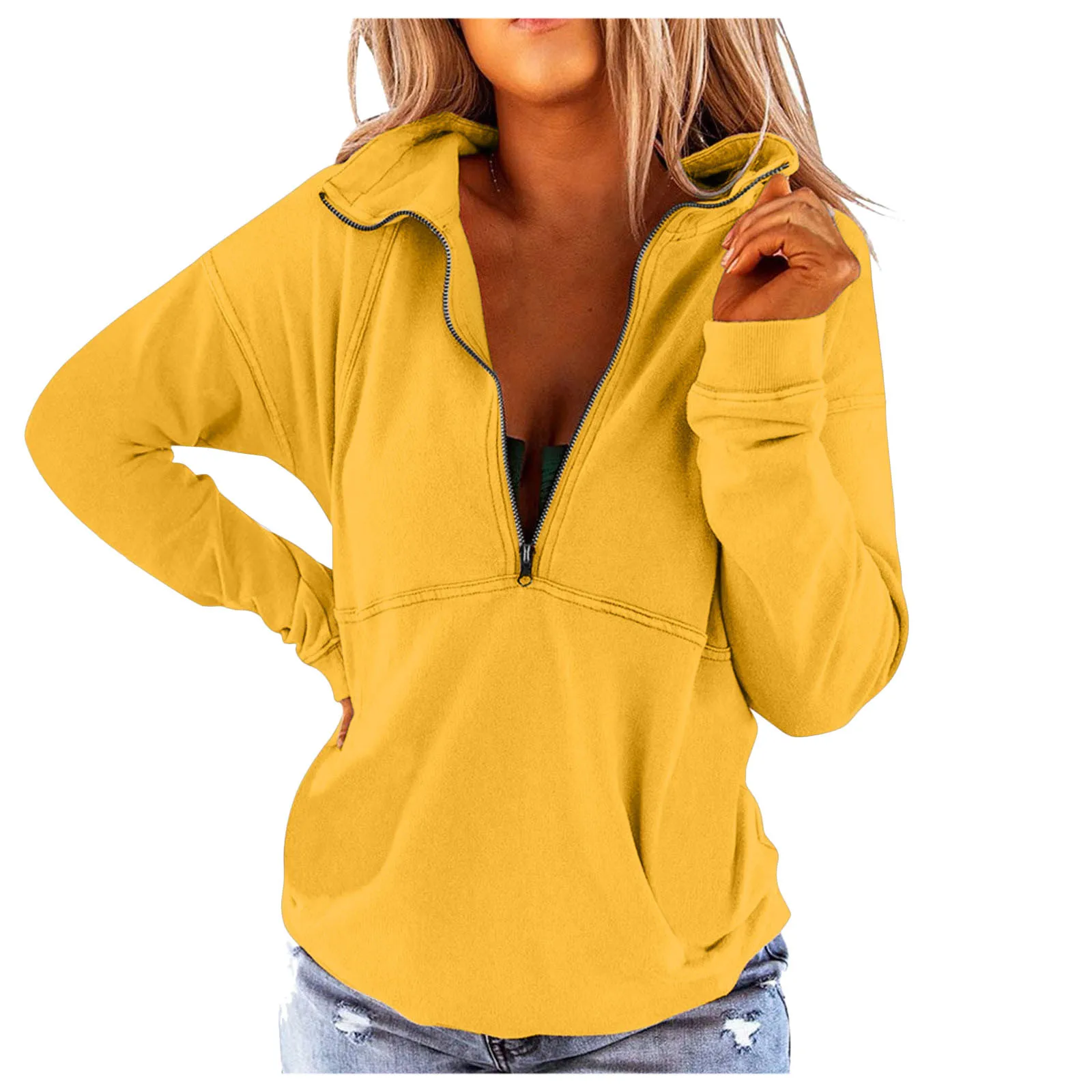

Women Zipper Sweatshirt Casual Solid Color Turn-down Collar Vintage Elegant Pullover Top Plus Size Hoodies with Pocket худи