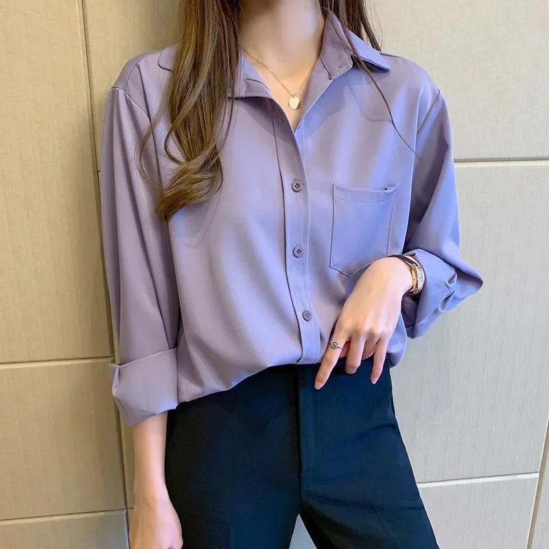 Women Spring Autumn Style Blouses Shirts Lady Casual Long Sleeve Turn-down Collar Solid Color Blusas Tops